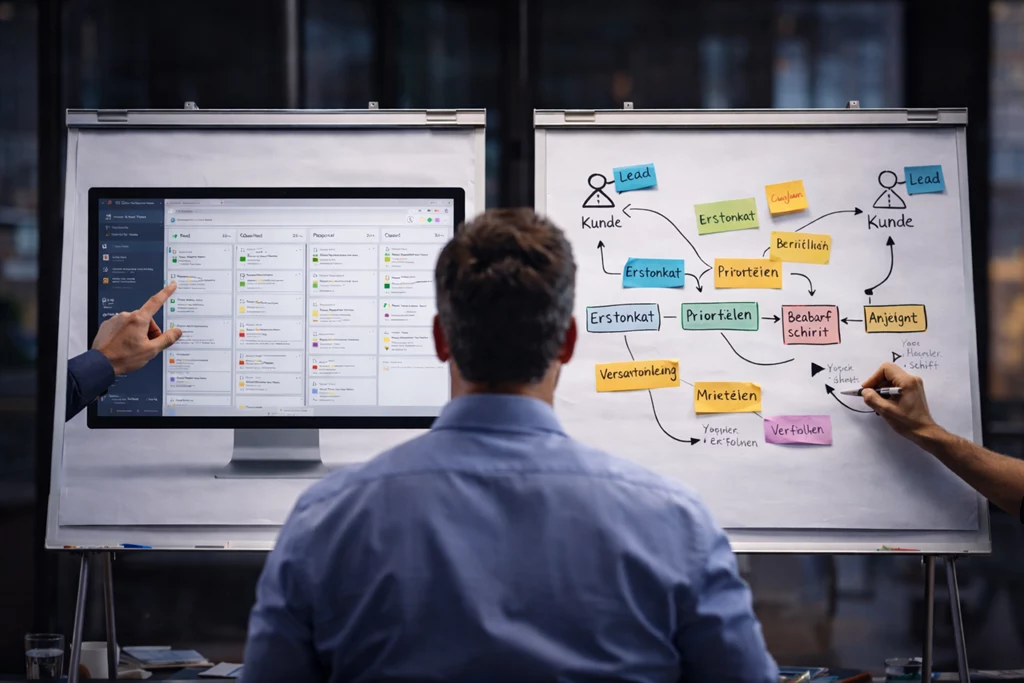 Unternehmer analysiert einen strukturierten Vertriebsprozess mit CRM-Dashboard und klaren Abläufen zur Nachverfolgung von Kontakten und Verkaufschancen