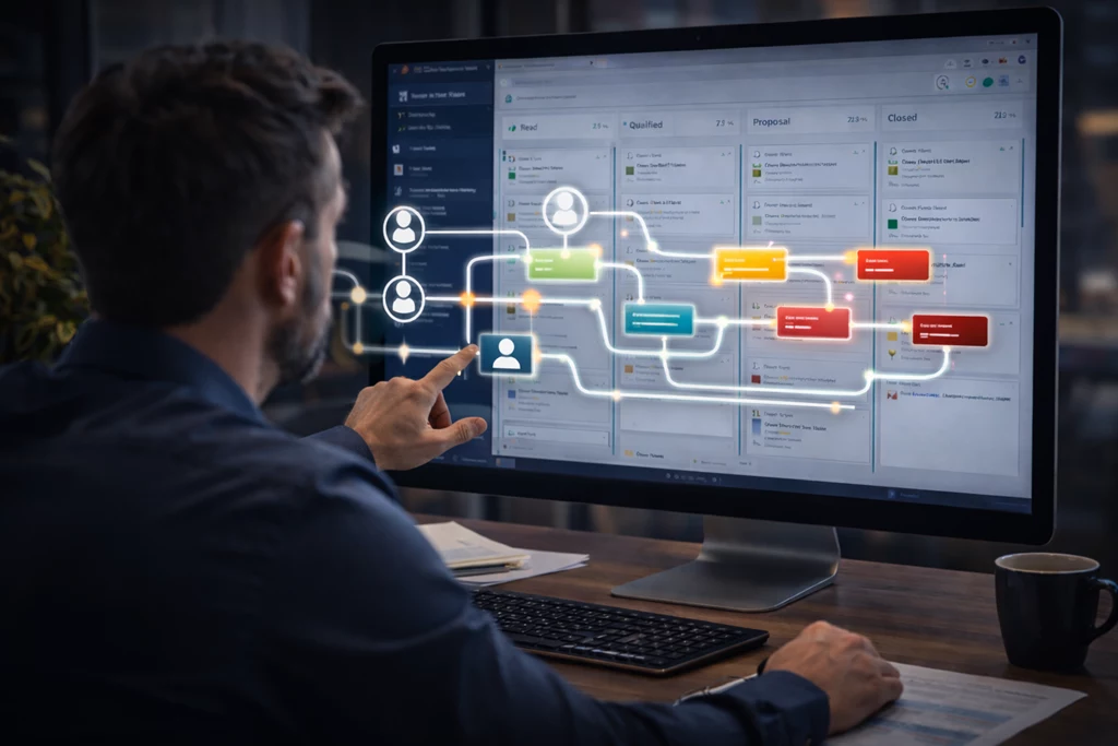 Visualisierung eines strukturierten Vertriebsprozesses in einem CRM-System mit klarer Nachverfolgung von Kontakten und Verkaufschancen
