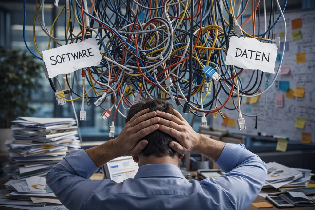 Unternehmer im Vertriebsalltag mit unübersichtlichen Daten, Software-Chaos und fehlender Struktur im CRM-Prozess