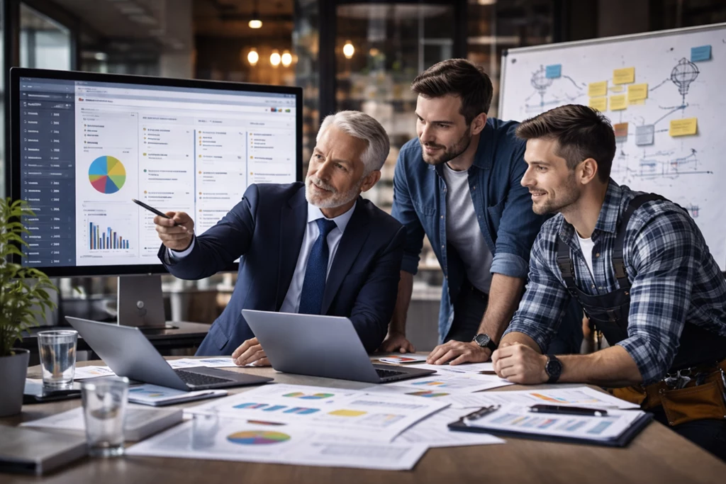 Vertriebsteam arbeitet gemeinsam an der strukturierten Nutzung eines CRM-Systems zur Nachverfolgung von Kontakten und Verkaufschancen