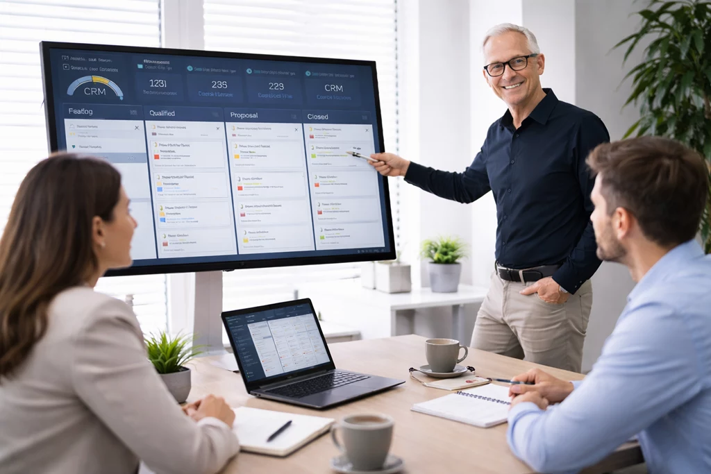 Vertriebsberater erklärt ein CRM-Dashboard mit Verkaufschancen, Kontakten und Angebotsstatus in einem Unternehmen