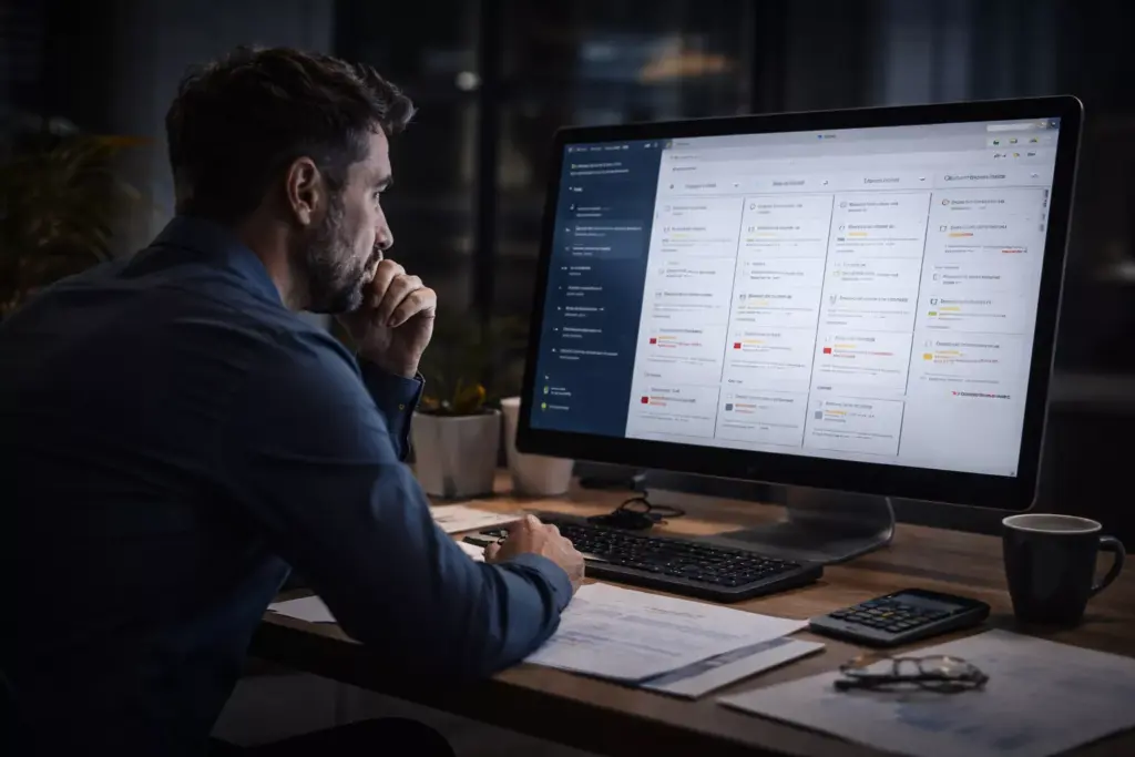 Unternehmer analysiert Verkaufschancen in einem CRM-Dashboard und erkennt Umsatzverluste durch fehlende Vertriebsstruktur