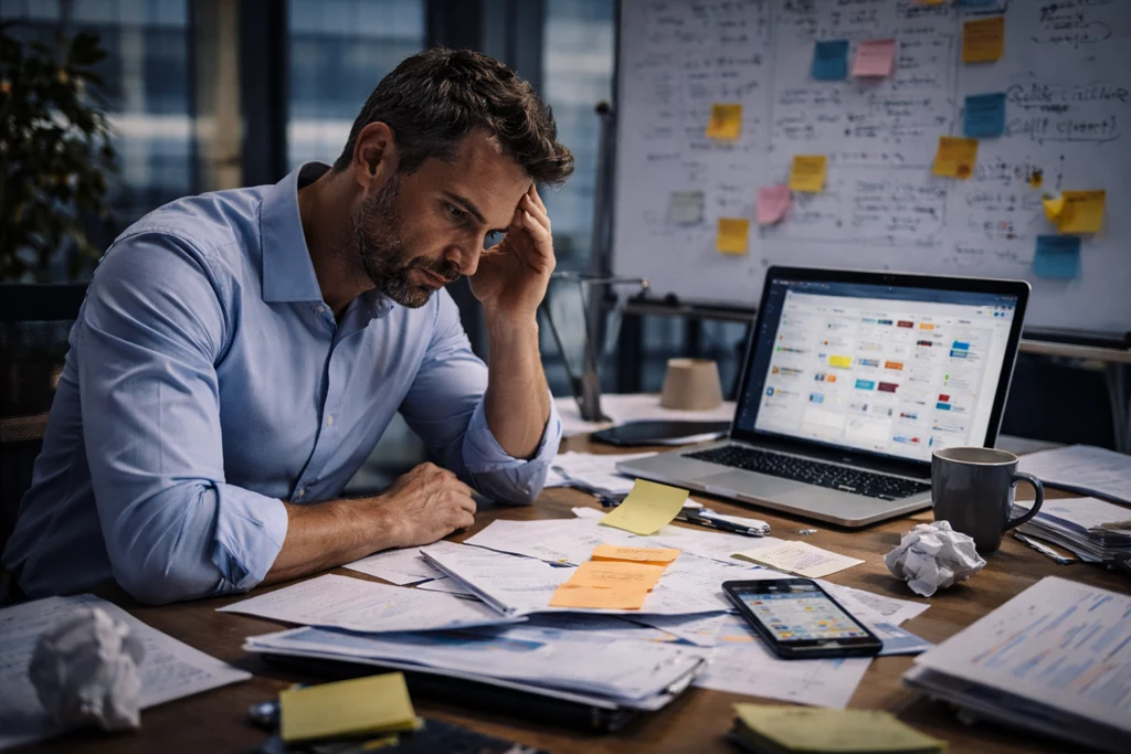 Überforderter Unternehmer im Vertriebsalltag mit chaotischen Anfragen, Notizen und fehlender Nachverfolgung ohne CRM-System