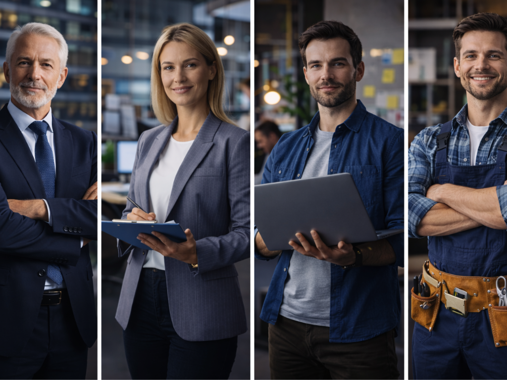 Vier Personen aus unterschiedlichen Branchen – Großunternehmen, Mittelstand, Startup und Handwerk – als Symbol für Zielgruppen eines strukturierten Vertriebs-CRM